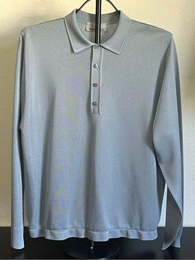 VTG Montagut Paris Fil Lumiere Knit Long Sleeve Polo Shirt Silver Gray Size 5 L